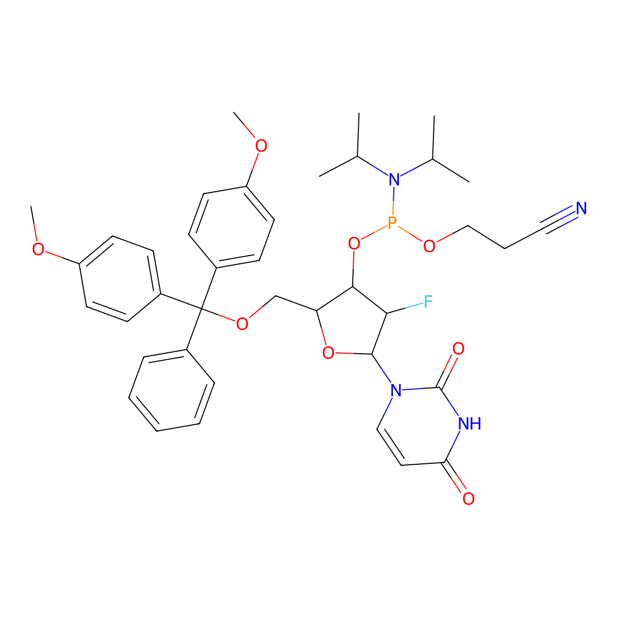 3-(((2R,3R,4R,5R)-2-((bis(4-methoxyphenyl)-phenylmethoxy)methyl)-5-(2,4-dioxopyrimidin-1-yl)-4-fluorooxolan-3-yl)oxy-(di(propan-2-yl)amino)phosphanyl)oxypropanenitrile molecular structure, CAS 146954-75-8
