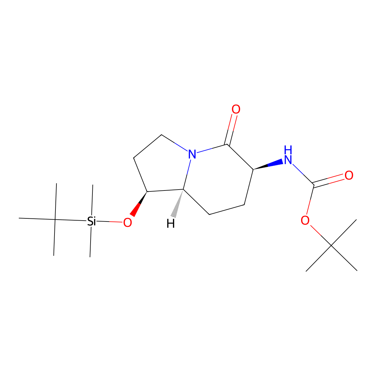 Carbamic acid, [1-[[(1,1-dimethylethyl)dimethylsilyl]oxy]octahydro-5-oxo-6-indolizinyl]-, 1,1-dimethylethyl ester, [1S-(1alpha,6alpha,8abeta)]- molecular structure, CAS 146987-11-3