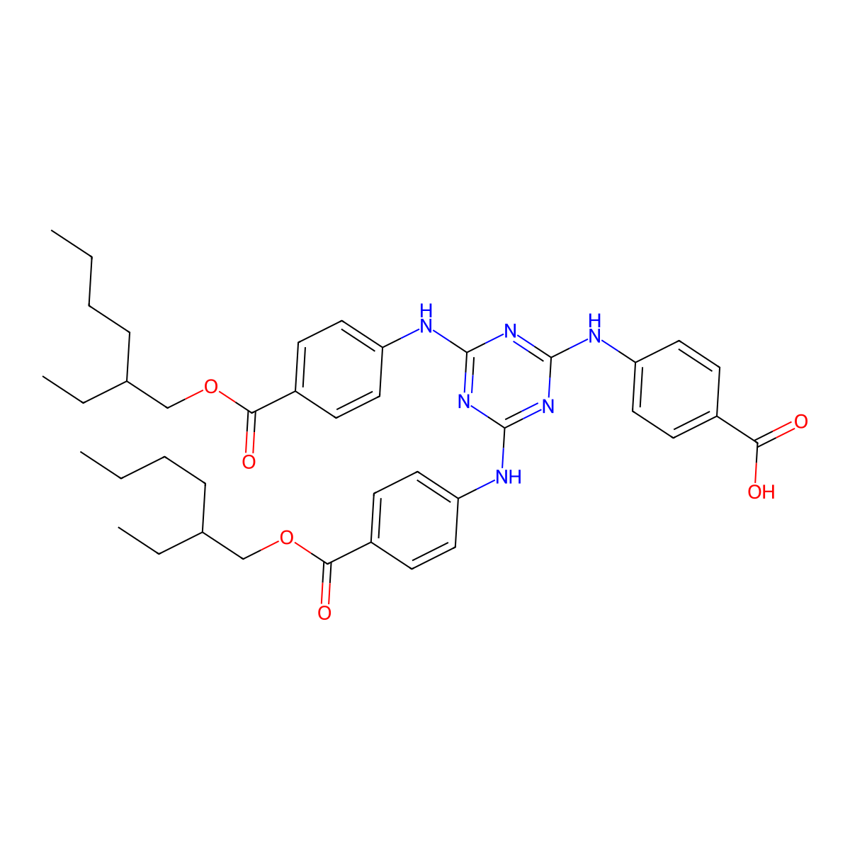 4-(4,6-Bis(4-((2-ethylhexyloxy)carbonyl)phenylamino)-1,3,5-triazin-2-ylamino)benzoic acid molecular structure, CAS 1469870-11-8