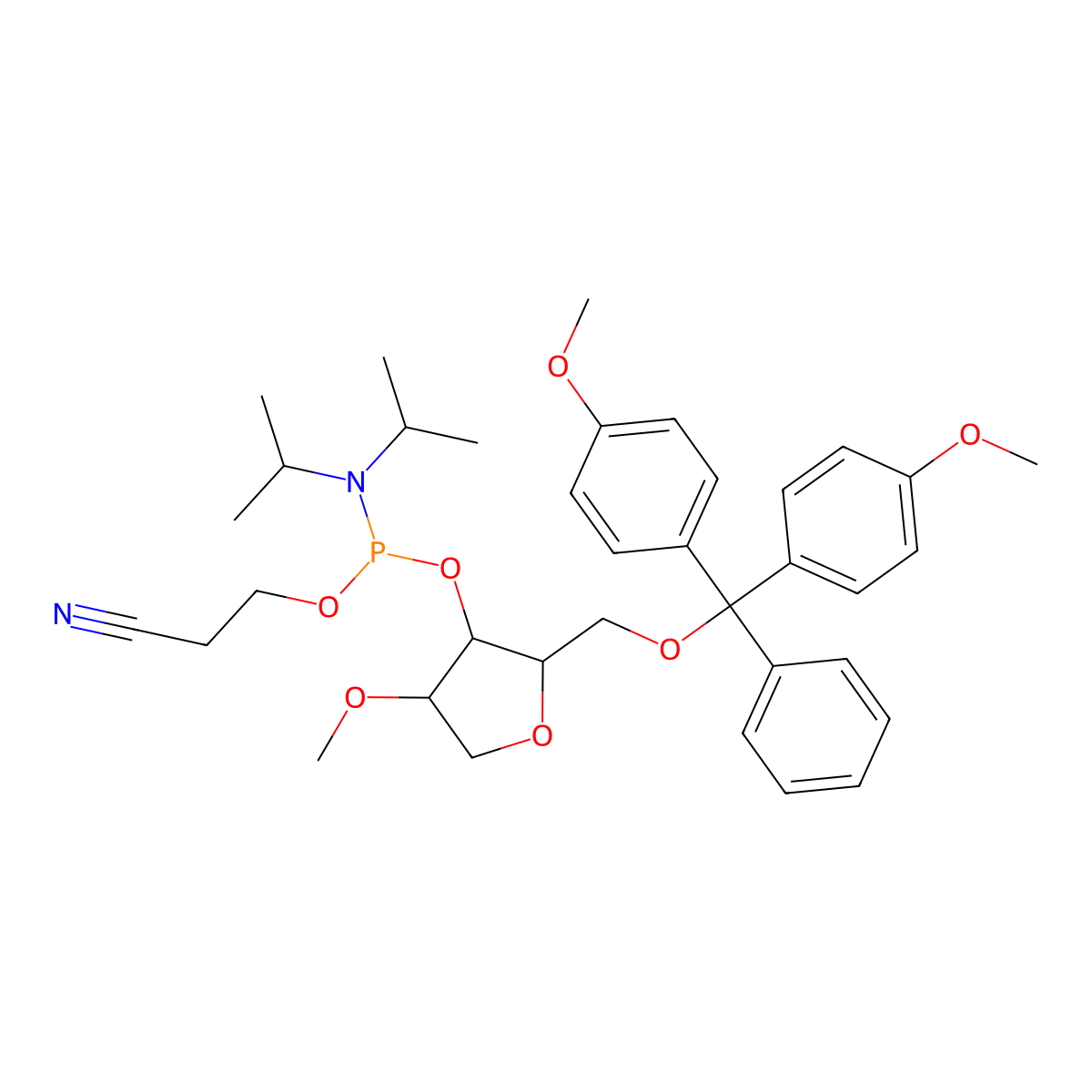 3-[[(2R,3S,4S)-2-[[bis(4-methoxyphenyl)-phenylmethoxy]methyl]-4-methoxyoxolan-3-yl]oxy-[di(propan-2-yl)amino]phosphanyl]oxypropanenitrile molecular structure, CAS 1470023-72-3