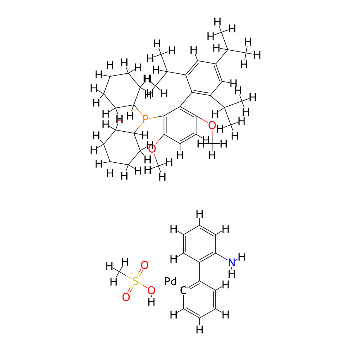 [(2-Di-cyclohexylphosphino-3,6-dimethoxy-2′,4′,6′- triisopropyl-1,1′-biphenyl)-2-(2′-amino-1,1′ -biphenyl)]palladium(II) methanesulfonate , Brettphos Pd G3 molecular structure, CAS 1470372-59-8