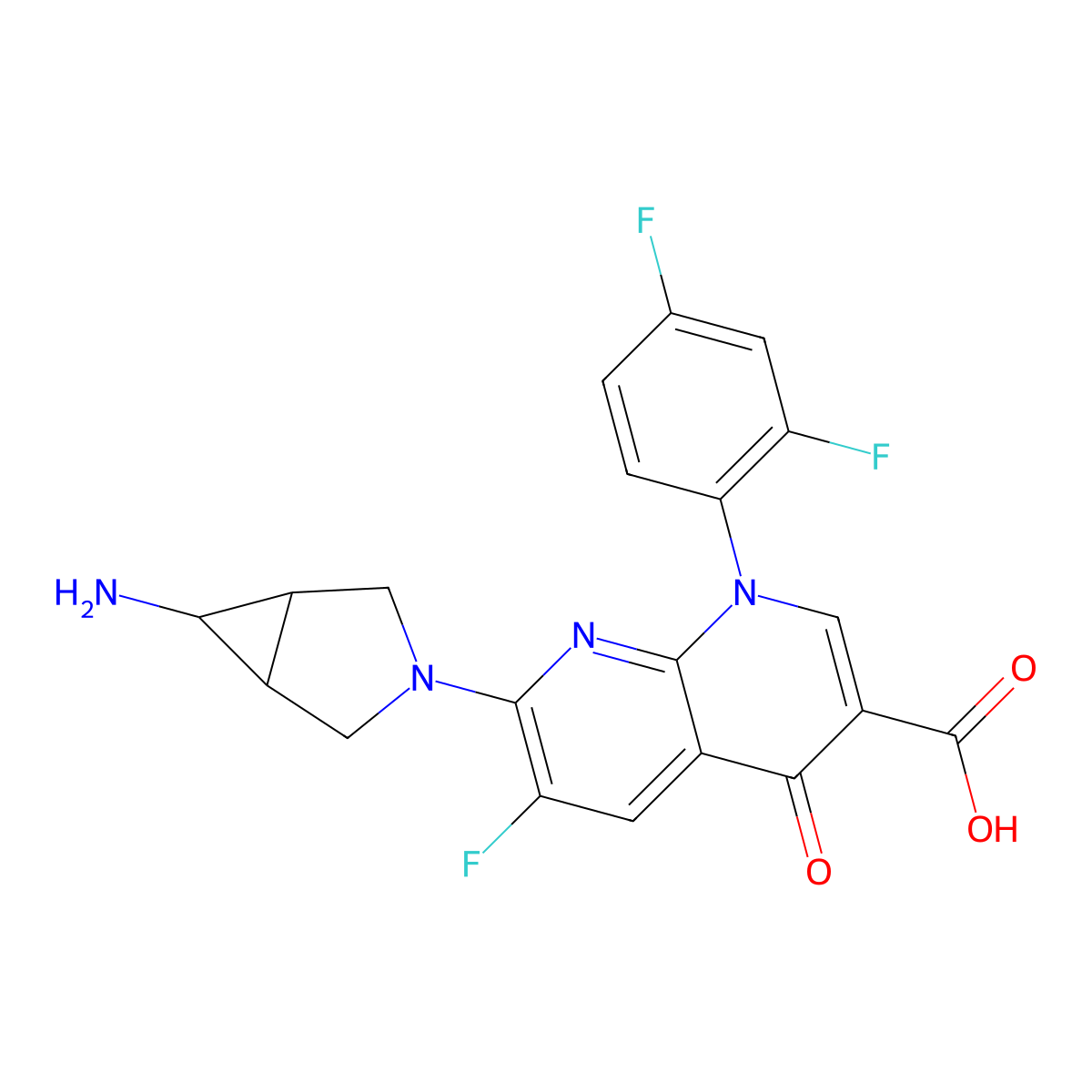 1,8-Naphthyridine-3-carboxylic acid, 7-(1alpha,5alpha,6alpha)-6-amino-3-azabicyclo3.1.0hex-3-yl-1-(2,4-difluorophenyl)-6-fluoro-1,4-dihydro-4-oxo- molecular structure, CAS 147059-72-1