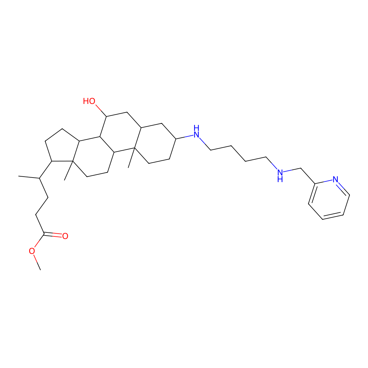 methyl (4R)-4-[(3R,5R,7R,8R,9S,10S,13R,14S,17R)-7-hydroxy-10,13-dimethyl-3-[4-(pyridin-2-ylmethylamino)butylamino]-2,3,4,5,6,7,8,9,11,12,14,15,16,17-tetradecahydro-1H-cyclopenta[a]phenanthren-17-yl]pentanoate molecular structure, CAS 1471172-27-6