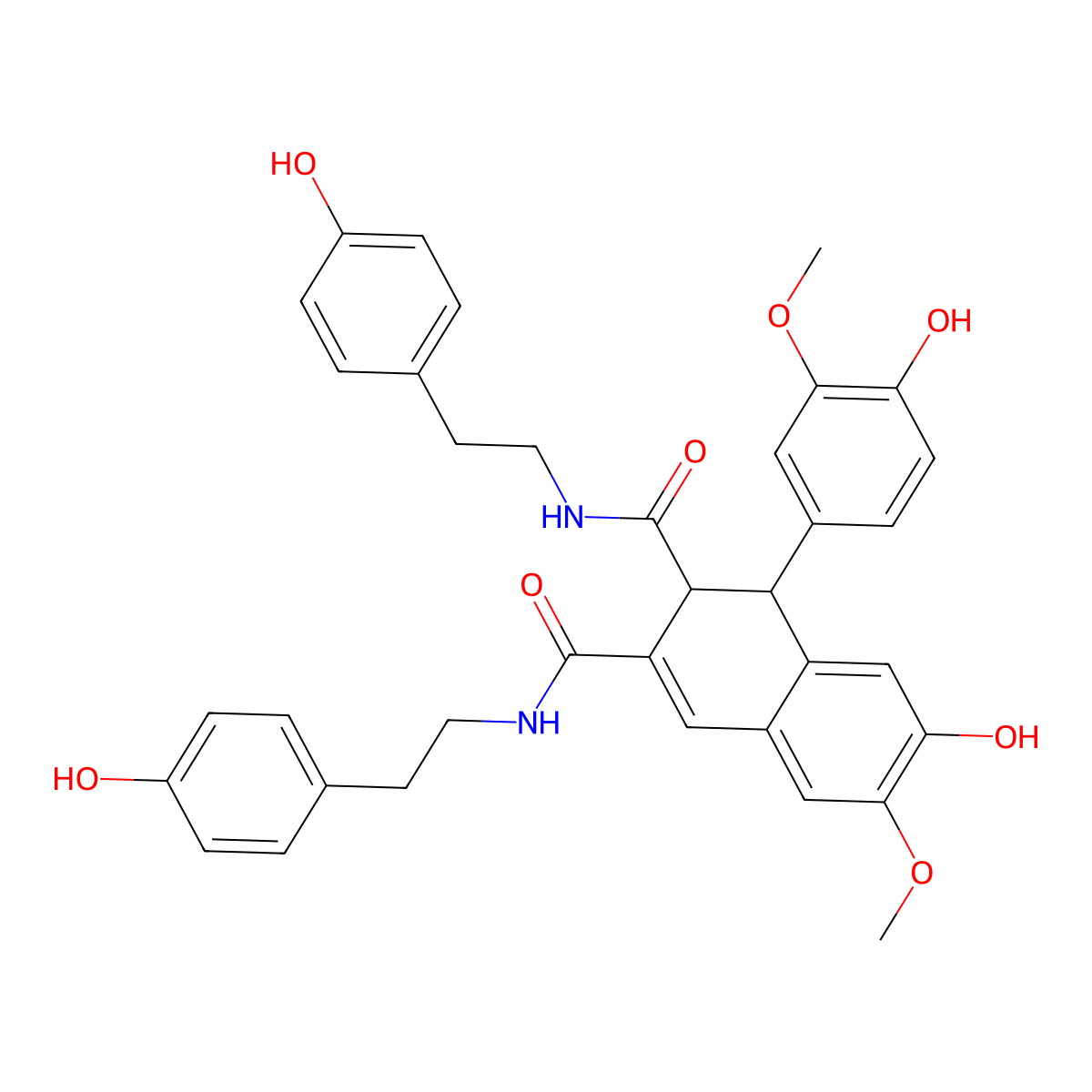 7-Hydroxy-1-(4-hydroxy-3-methoxyphenyl)-N2,N3-bis(4-hydroxyphenethyl)-6-methoxy-1,2-dihydronaphthalene-2,3-dicarboxamide molecular structure, CAS 147125-96-0