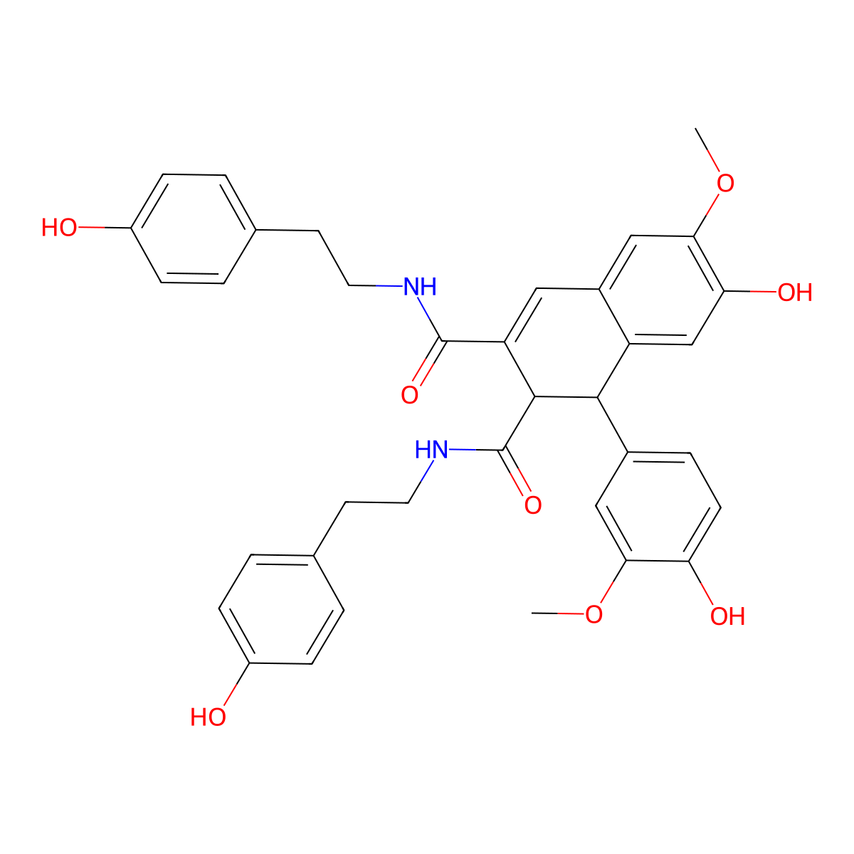 7-Hydroxy-1-(4-hydroxy-3-methoxyphenyl)-N2,N3-bis(4-hydroxyphenethyl)-6-methoxy-1,2-dihydronaphthalene-2,3-dicarboxamide molecular structure, CAS 147125-96-0
