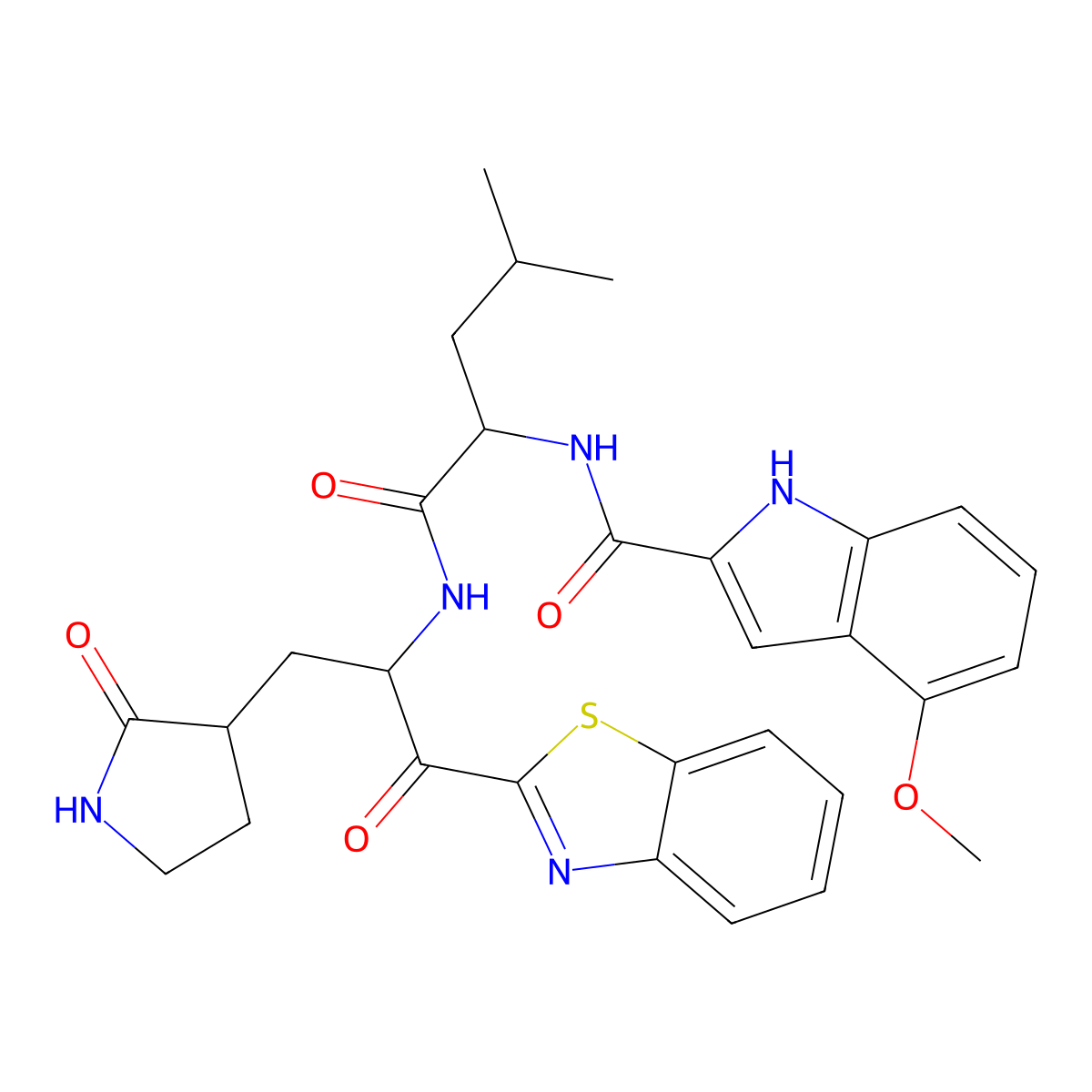 N-((S)-1-(((S)-1-(Benzo[d]thiazol-2-yl)-1-oxo-3-((S)-2-oxopyrrolidin-3-yl)propan-2-yl)amino)-4-methyl-1-oxopentan-2-yl)-4-methoxy-1H-indole-2-carboxamide molecular structure, CAS 1471484-62-4