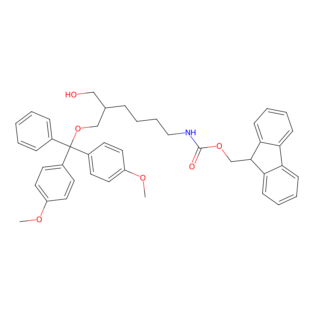(9H-Fluoren-9-yl)methyl (6-(bis(4-methoxyphenyl)(phenyl)methoxy)-5-(hydroxymethyl)hexyl)carbamate molecular structure, CAS 147190-32-7