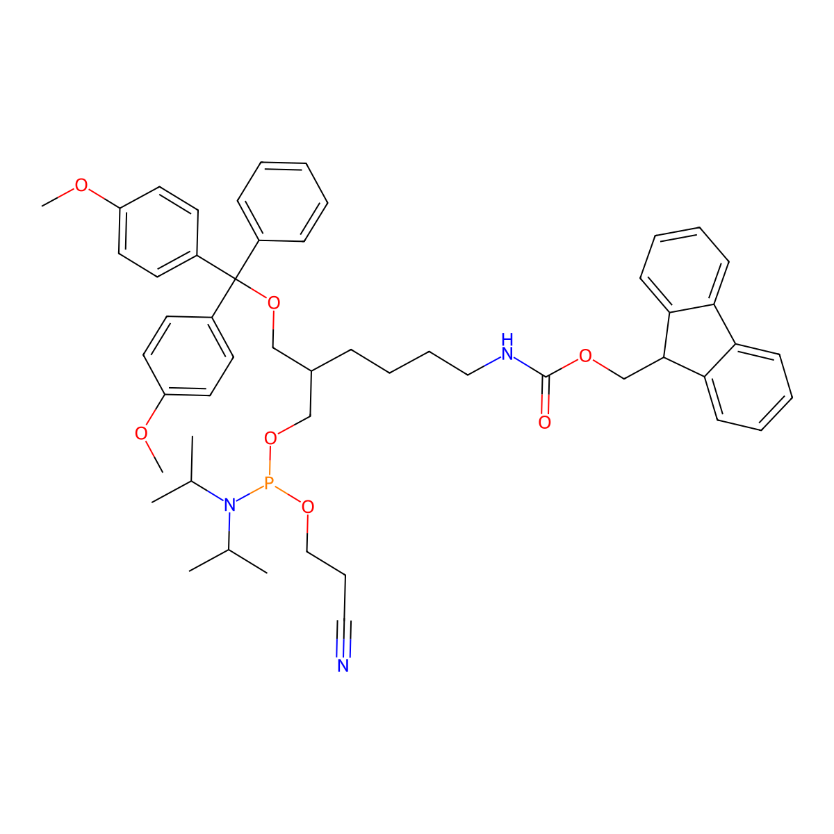 (9H-Fluoren-9-yl)methyl (6-(bis(4-methoxyphenyl)(phenyl)methoxy)-5-((((2-cyanoethoxy)(diisopropylamino)phosphaneyl)oxy)methyl)hexyl)carbamate molecular structure, CAS 147190-40-7