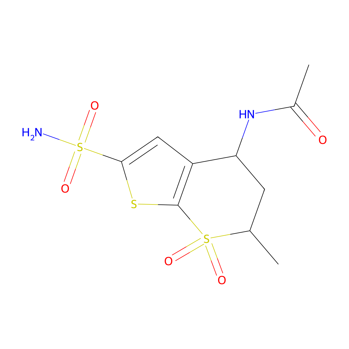 N-((4S,6S)-2-(Aminosulfonyl)-5,6-dihydro-6-methyl-7,7-dioxido-4H-thieno(2,3-b)thiopyran-4-yl)acetamide molecular structure, CAS 147200-03-1