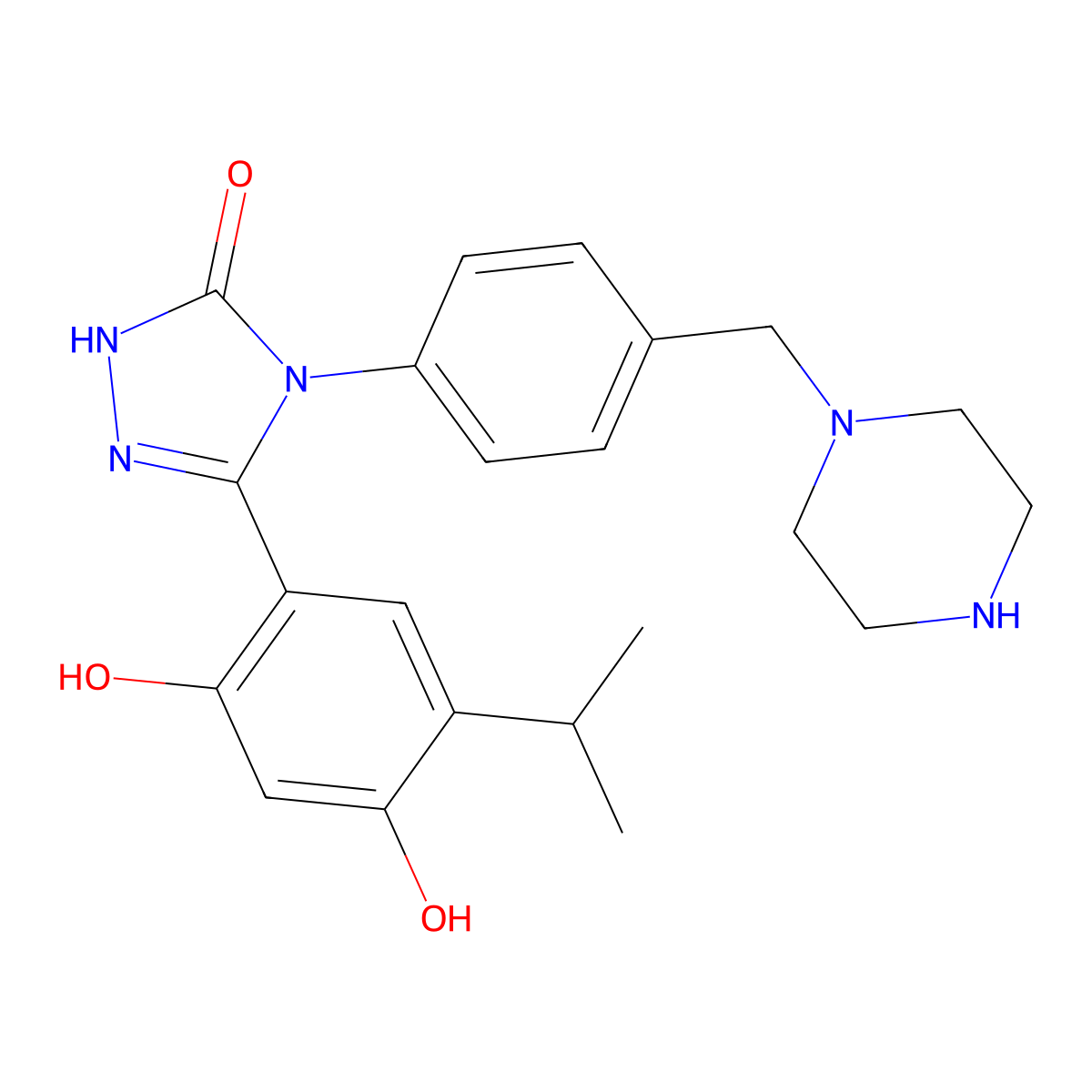 4-(5-hydroxy-4-(4-(piperazin-1-ylmethyl)phenyl)-4H-1,2,4-triazol-3-yl)-6-isopropylbenzene-1,3-diol molecular structure, CAS 1472616-48-0