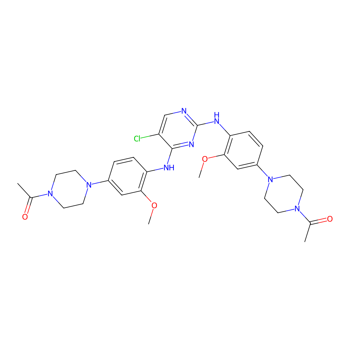 1,1'-((((5-Chloropyrimidine-2,4-diyl)bis(azanediyl))bis(3-methoxy-4,1-phenylene))bis(piperazine-4,1-diyl))bis(ethan-1-one) molecular structure, CAS 1472795-20-2