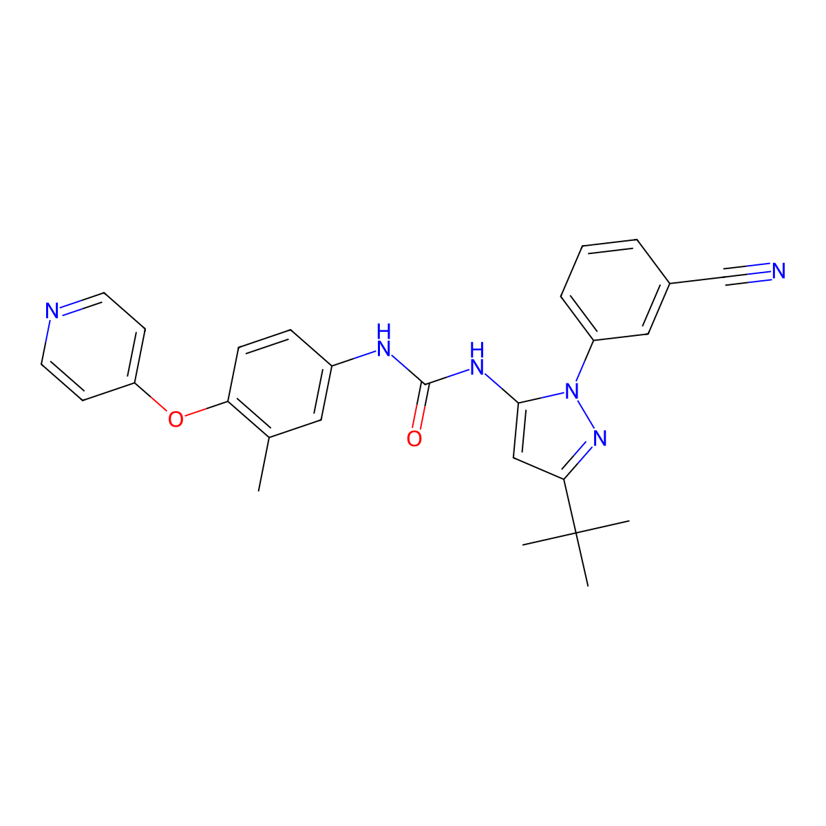 1-(3-(tert-butyl)-1-(3-cyanophenyl)-1H-pyrazol-5-yl)-3-(3-methyl-4-(pyridin-4-yloxy)phenyl)urea molecular structure, CAS 1474022-02-0