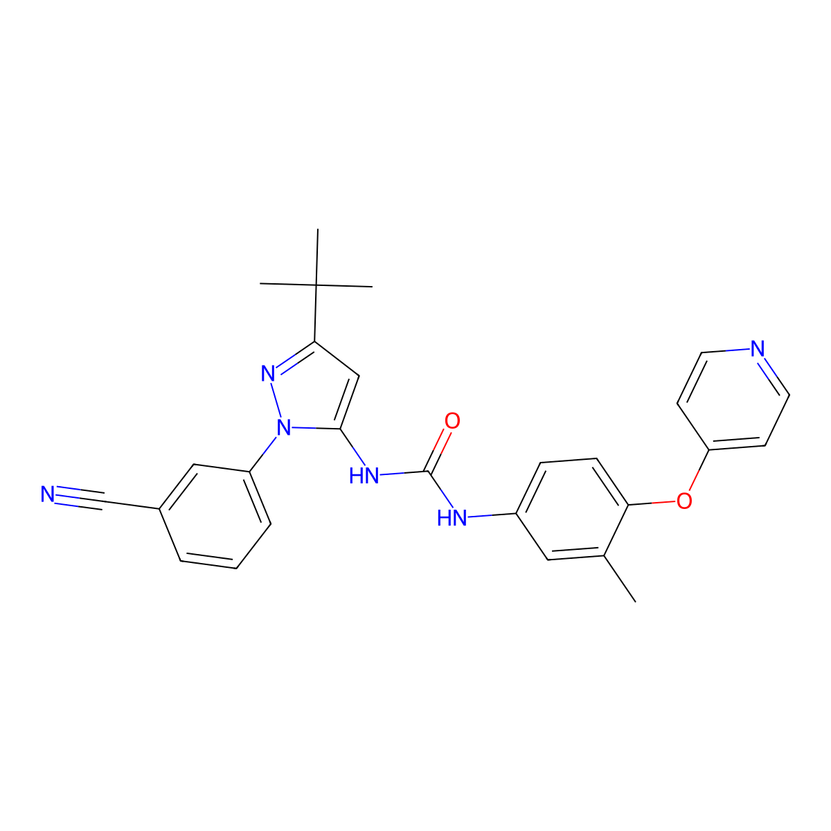 1-(3-(tert-butyl)-1-(3-cyanophenyl)-1H-pyrazol-5-yl)-3-(3-methyl-4-(pyridin-4-yloxy)phenyl)urea molecular structure, CAS 1474022-02-0