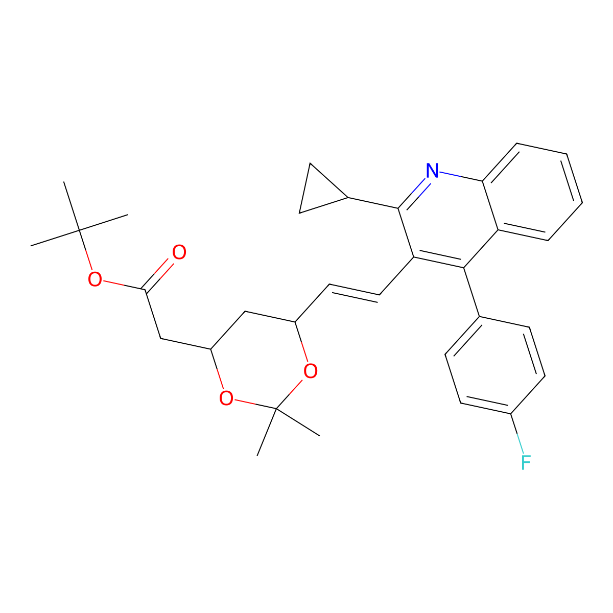 t-Butyl (3R,5S)-7-[2-cyclopropyl-4-(4-fluorophenyl)quinolin-3-yl]-3,5-isopropylidenedioxy-6-heptenoate molecular structure, CAS 147489-06-3