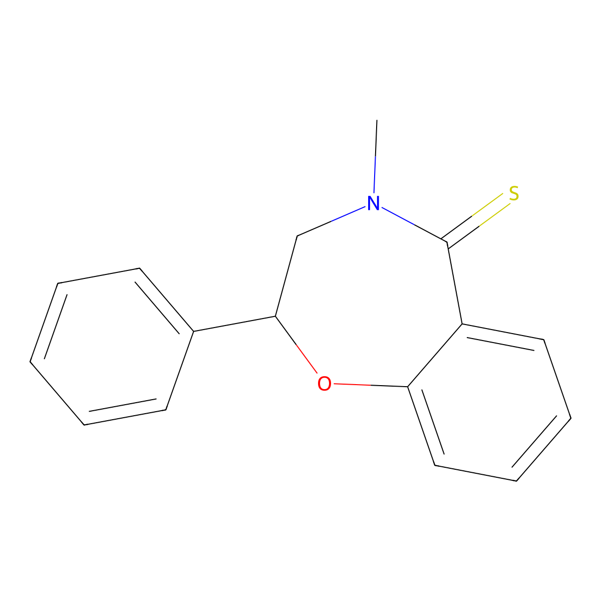 4-methyl-2-phenyl-3,4-dihydro-1,4-benzoxazepine-5(2H)-thione molecular structure, CAS 147502-37-2