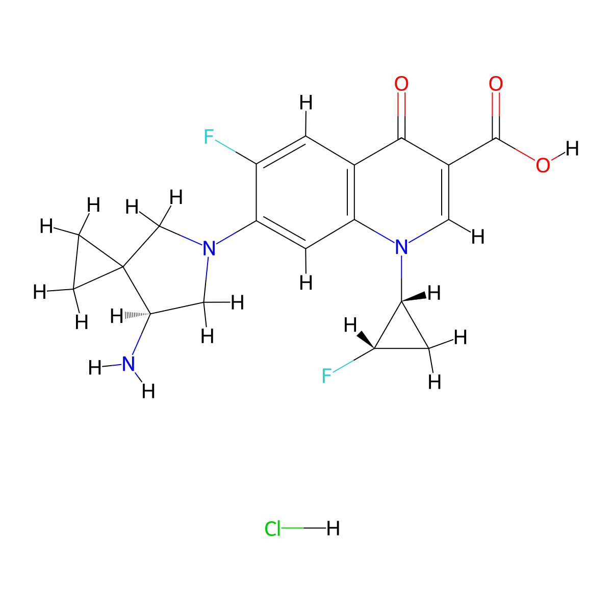 7-((S)-7-Amino-5-azaspiro[2.4]heptan-5-yl)-6-fluoro-1-((1R,2S)-2-fluorocyclopropyl)-4-oxo-1,4-dihydroquinoline-3-carboxylic acid hydrochloride molecular structure, CAS 147714-76-9