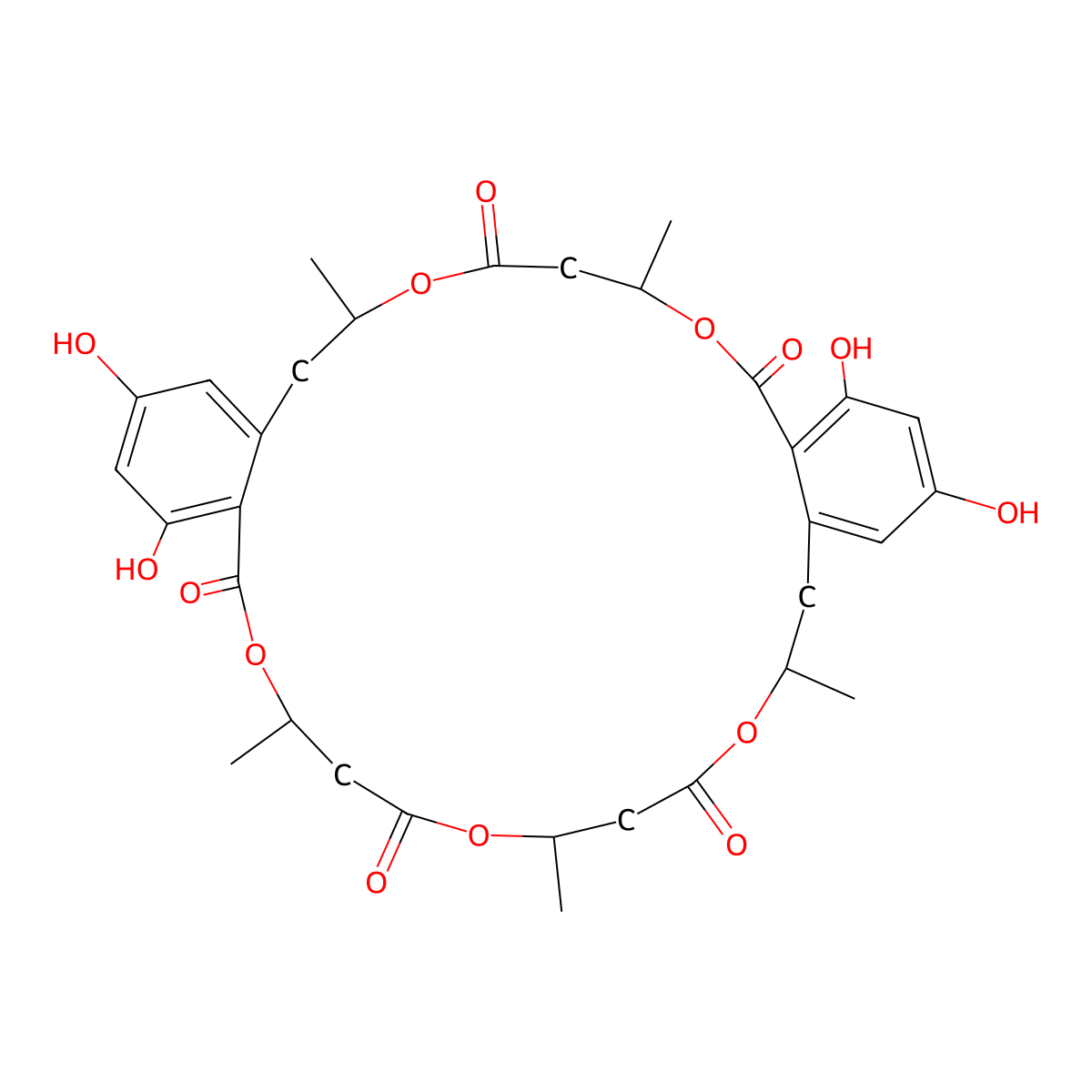 12,14,30,32-Tetrahydroxy-4,8,18,22,26-pentamethyl-3,7,17,21,25-pentaoxatricyclo[26.4.0.010,15]dotriaconta-1(28),10(15),11,13,29,31-hexaene-2,6,16,20,24-pentone molecular structure, CAS 147716-81-2