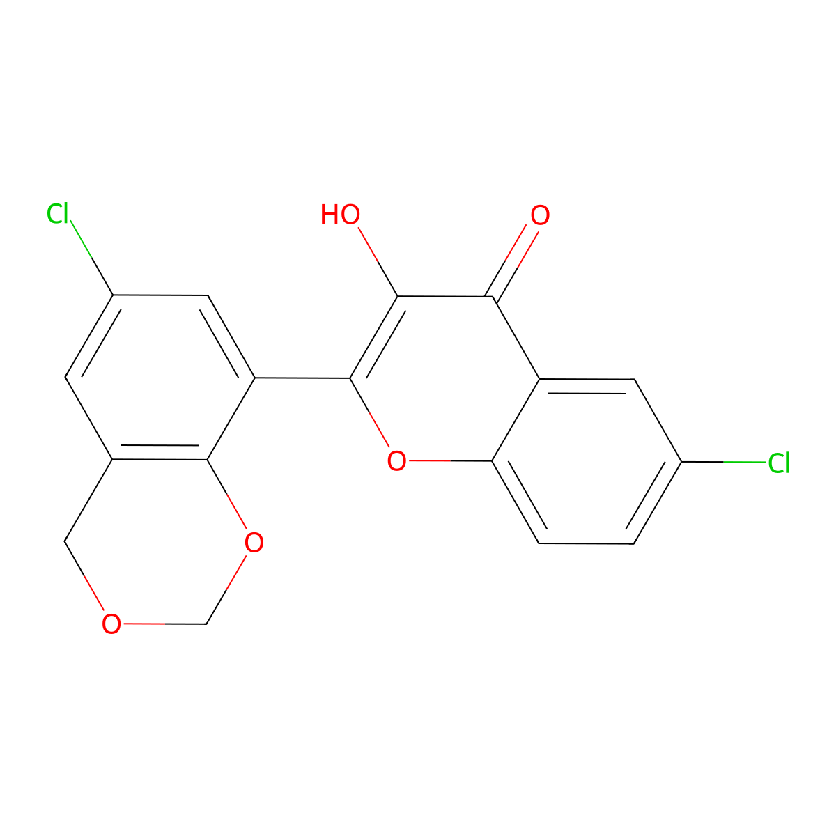 6-chloro-2-(6-chloro-4H-1,3-benzodioxin-8-yl)-3-hydroxy-4H-chromen-4-one molecular structure, CAS 147723-06-6