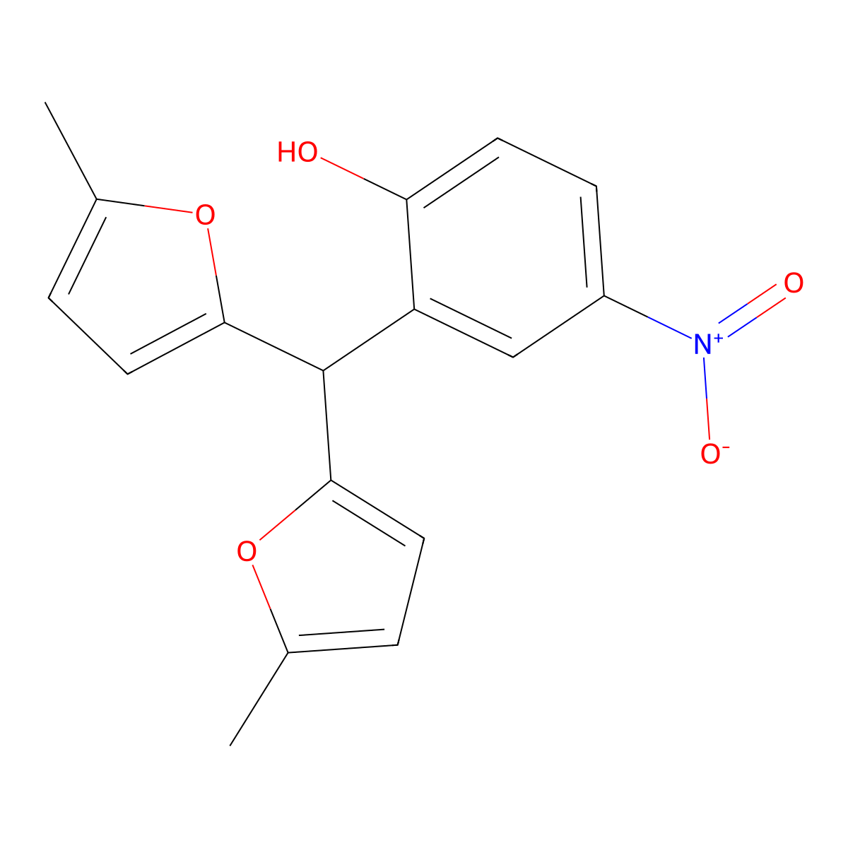 2-(Bis(5-methyl-2-furanyl)methyl)-4-nitrophenol molecular structure, CAS 147723-39-5