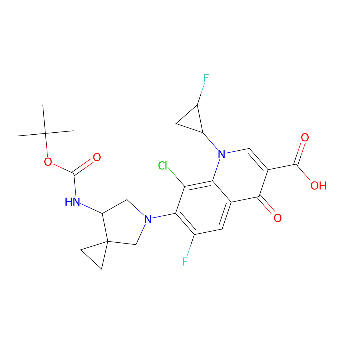 7-((S)-7-((tert-Butoxycarbonyl)amino)-5-azaspiro[2.4]heptan-5-yl)-8-chloro-6-fluoro-1-((1R,2S)-2-fluorocyclopropyl)-4-oxo-1,4-dihydroquinoline-3-carboxylic acid molecular structure, CAS 147782-16-9