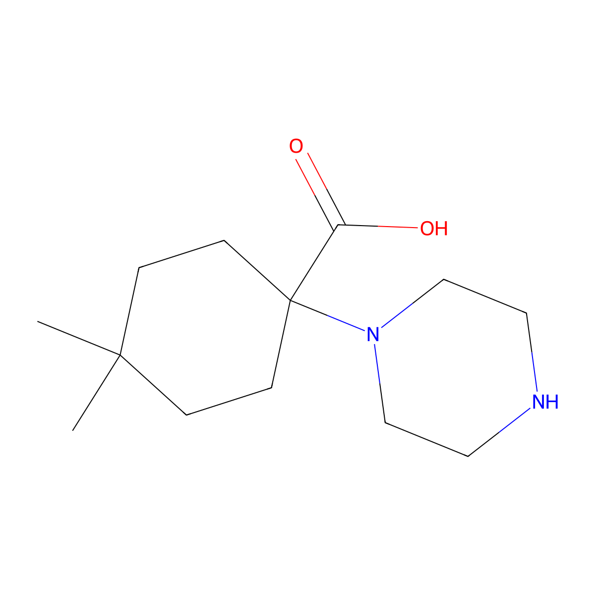 4,4-Dimethyl-1-(piperazin-1-yl)cyclohexane-1-carboxylic acid molecular structure, CAS 1478098-92-8