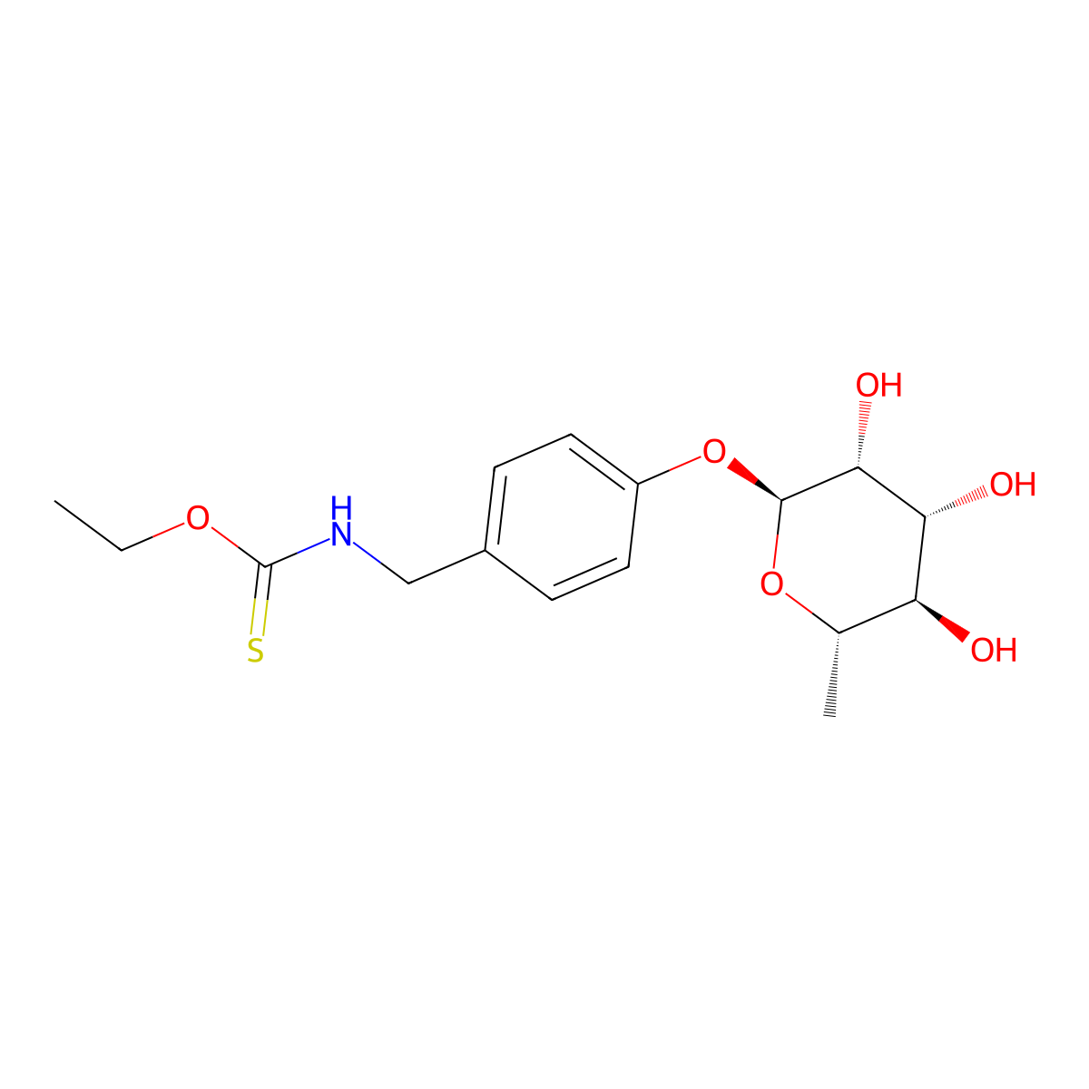 O-Ethyl N-((4-((6-deoxy-alpha-L-mannopyranosyl)oxy)phenyl)methyl)carbamothioate molecular structure, CAS 147821-49-6