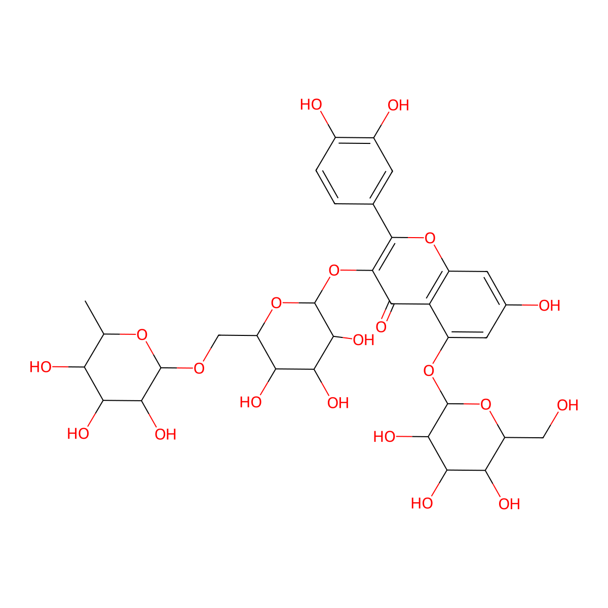 3-[[6-O-(6-Deoxy-alpha-L-mannopyranosyl)-beta-D-glucopyranosyl]oxy]-2-(3,4-dihydroxyphenyl)-5-(beta-D-glucopyranosyloxy)-7-hydroxy-4H-1-benzopyran-4-one molecular structure, CAS 1478622-04-6