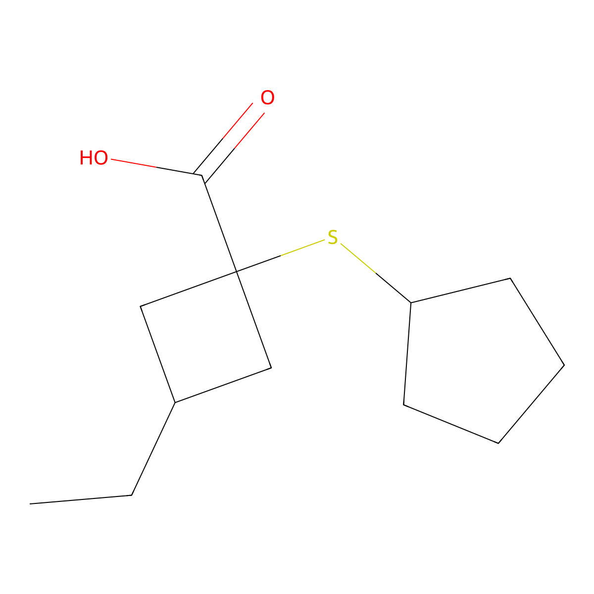 1-(Cyclopentylthio)-3-ethylcyclobutane-1-carboxylic acid molecular structure, CAS 1479083-12-9