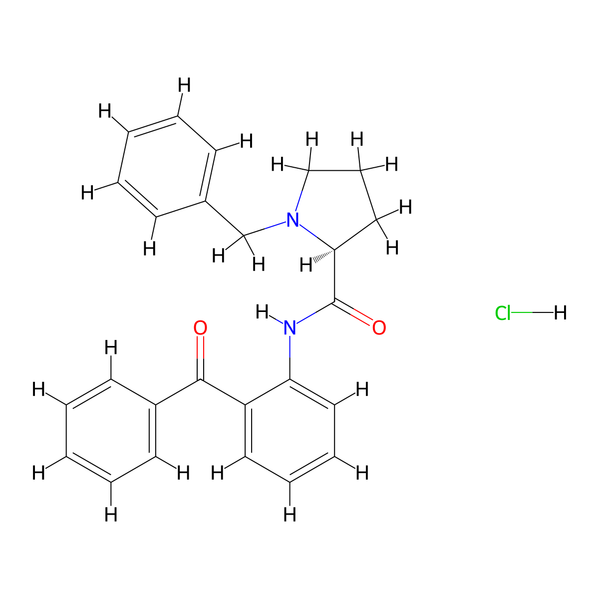 2-Pyrrolidinecarboxamide, N-(2-benzoylphenyl)-1-(phenylmethyl)-, monohydrochloride, (2S)- molecular structure, CAS 147959-98-6
