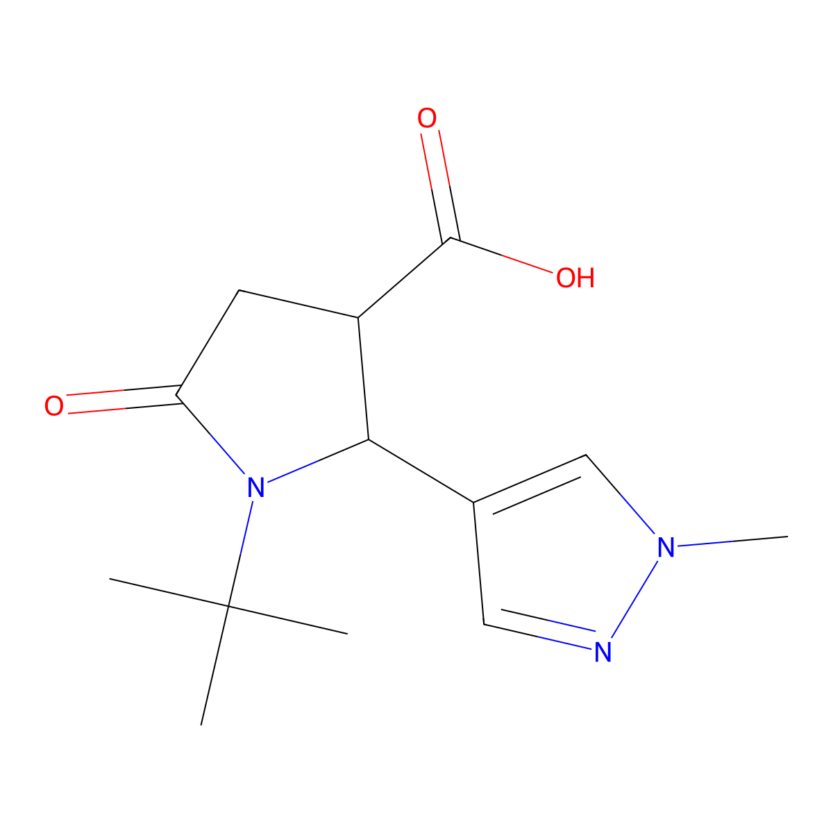 1-tert-butyl-2-(1-methyl-1H-pyrazol-4-yl)-5-oxopyrrolidine-3-carboxylic acid molecular structure, CAS 1479954-34-1