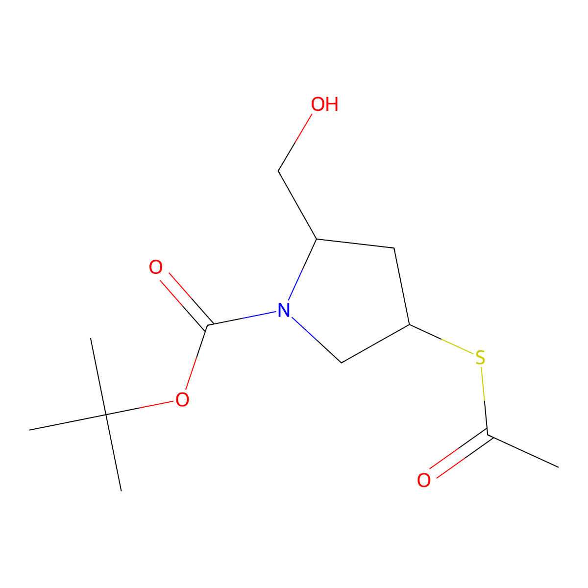 1-Pyrrolidinecarboxylic acid, 4-(acetylthio)-2-(hydroxymethyl)-, 1,1-dimethylethyl ester, (2S,4S)- molecular structure, CAS 148017-42-9