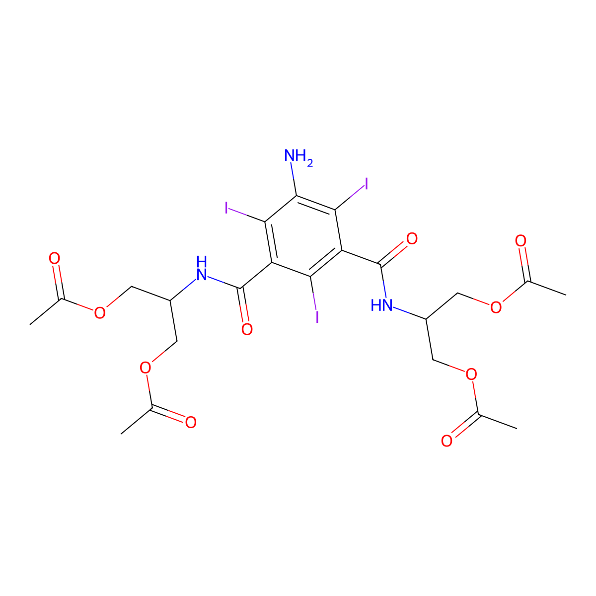 N,N'-Bis[2-(acetyloxy)-1-[(acetyloxy)methyl]ethyl]-5-amino-2,4,6-triiodo-1,3-benzenedicarboxamide molecular structure, CAS 148051-08-5