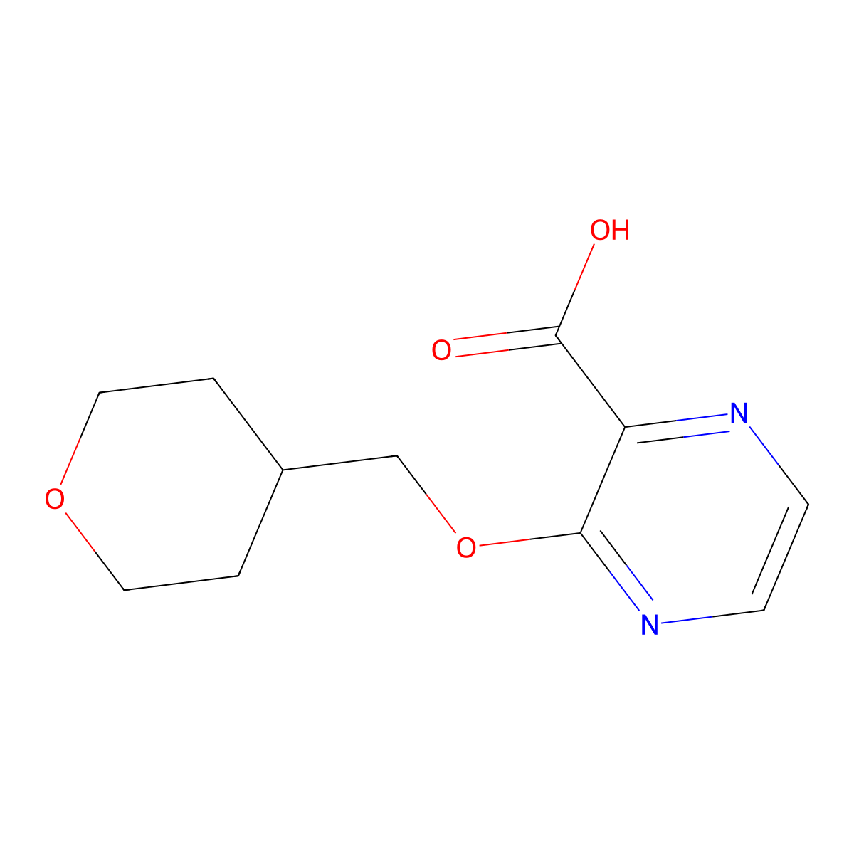 3-[(Tetrahydro-2H-pyran-4-yl)methoxy]pyrazine-2-carboxylic acid molecular structure, CAS 1480939-81-8