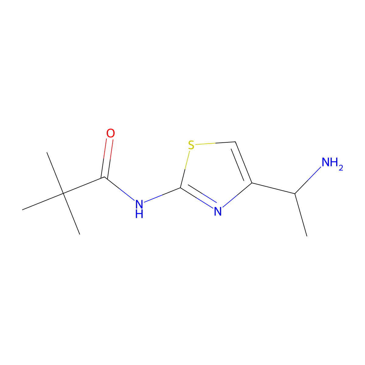 N-(4-(1-aminoethyl)-1,3-thiazol-2-yl)-2,2-dimethylpropanamide molecular structure, CAS 1480982-24-8