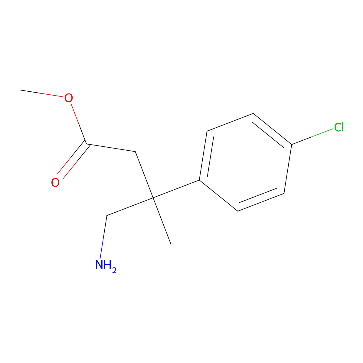 Methyl 4-amino-3-(4-chlorophenyl)-3-methylbutanoate molecular structure, CAS 1481004-34-5