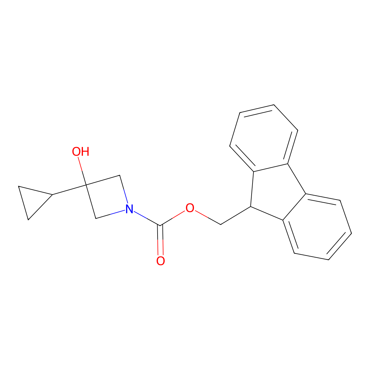 (9H-fluoren-9-yl)methyl 3-cyclopropyl-3-hydroxyazetidine-1-carboxylate molecular structure, CAS 1481300-08-6
