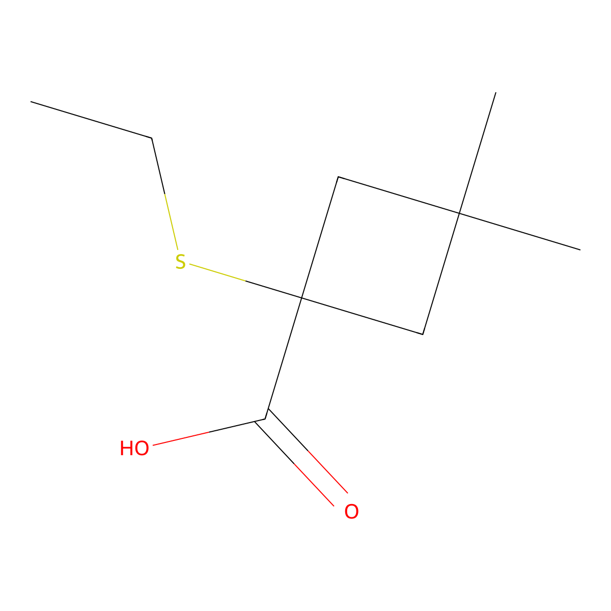1-(Ethylsulfanyl)-3,3-dimethylcyclobutane-1-carboxylic acid molecular structure, CAS 1481555-35-4