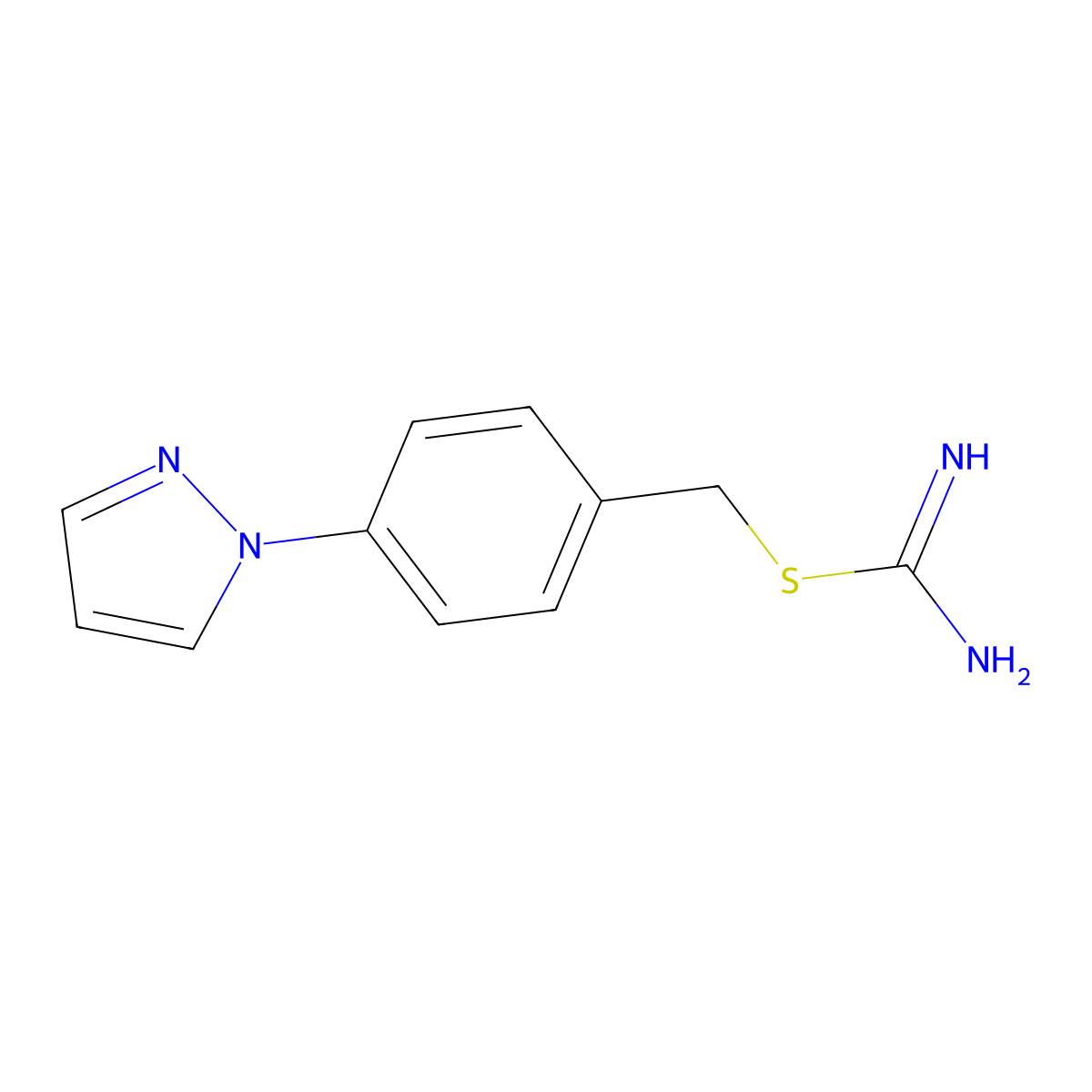 ({[4-(1H-pyrazol-1-yl)phenyl]methyl}sulfanyl)methanimidamide molecular structure, CAS 1481915-74-5