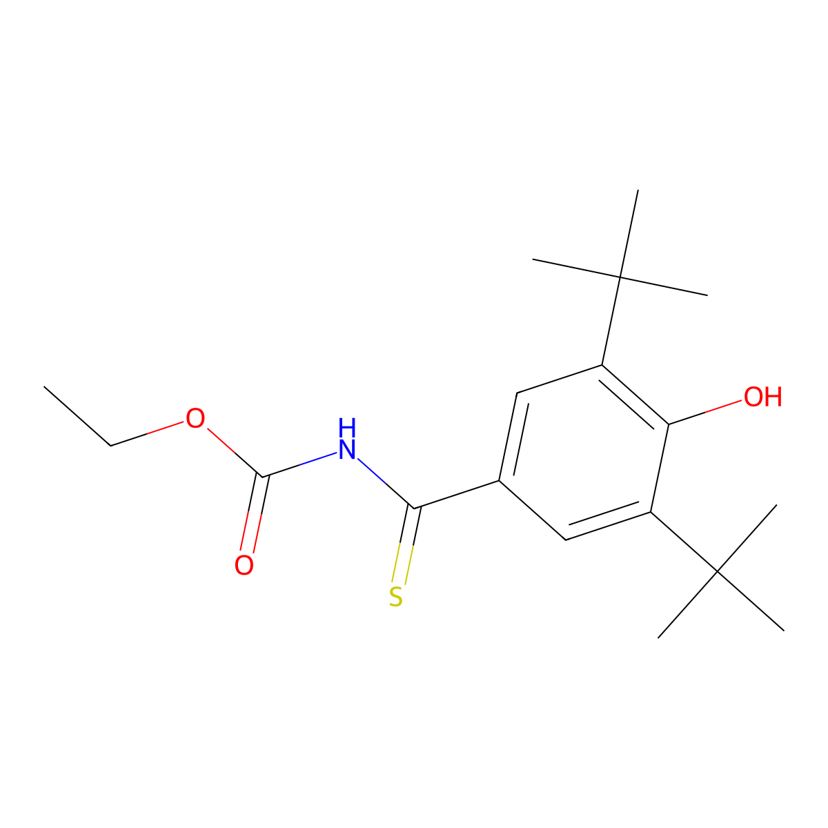 Ethyl N-(3,5-di-tert-butyl-4-hydroxybenzenecarbothioyl)carbamate molecular structure, CAS 148204-54-0