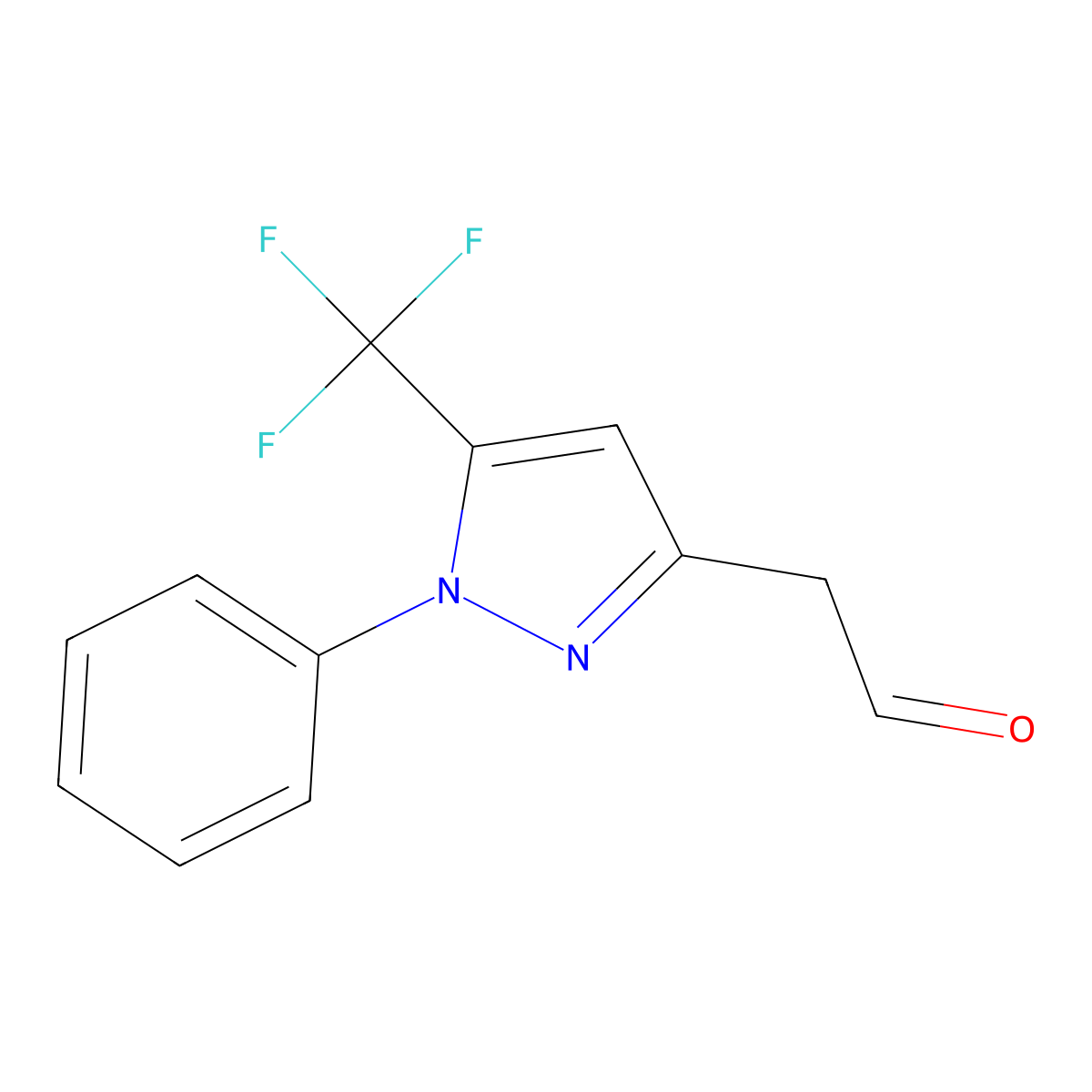 2-[1-phenyl-5-(trifluoromethyl)-1H-pyrazol-3-yl]acetaldehyde molecular structure, CAS 1482520-21-7