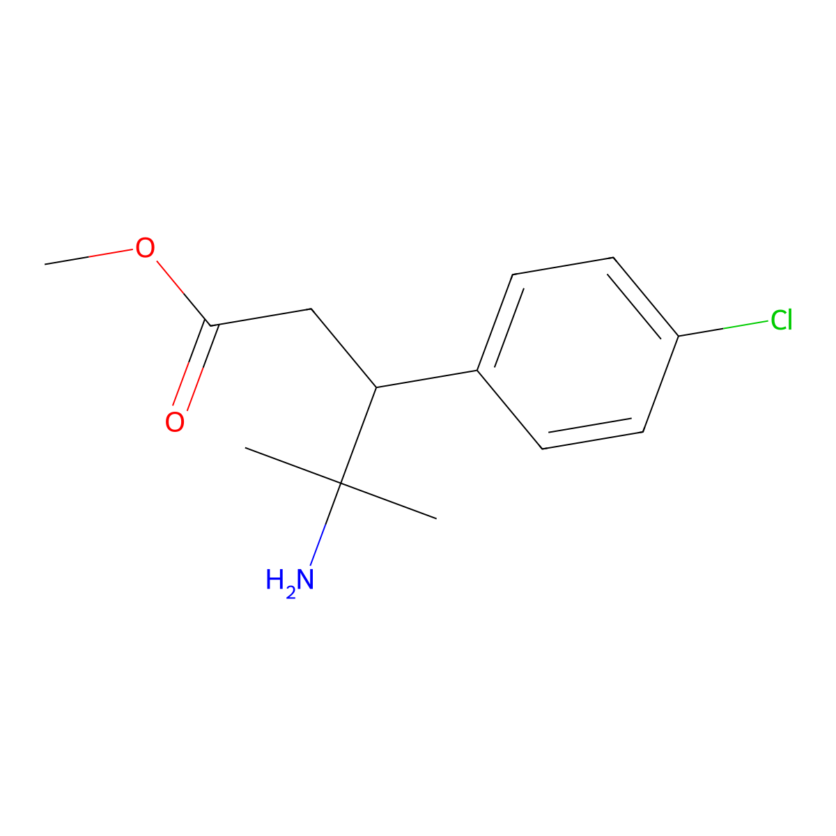 Methyl 4-amino-3-(4-chlorophenyl)-4-methylpentanoate molecular structure, CAS 1482602-29-8