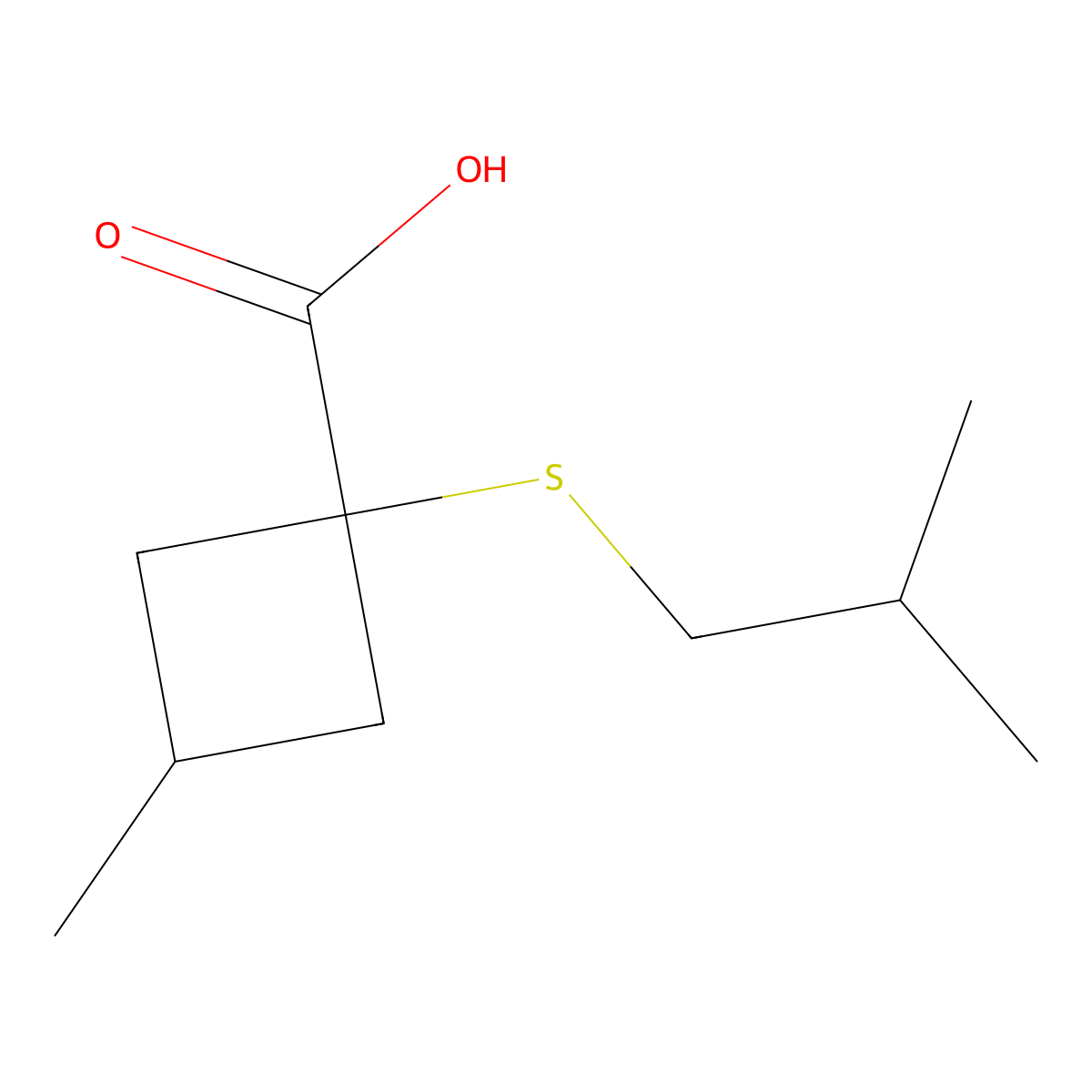 1-(Isobutylthio)-3-methylcyclobutane-1-carboxylic acid molecular structure, CAS 1482639-58-6