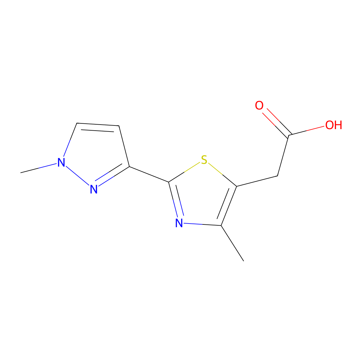 2-(4-methyl-2-(1-methyl-1H-pyrazol-3-yl)-1,3-thiazol-5-yl)acetic acid molecular structure, CAS 1482892-12-5
