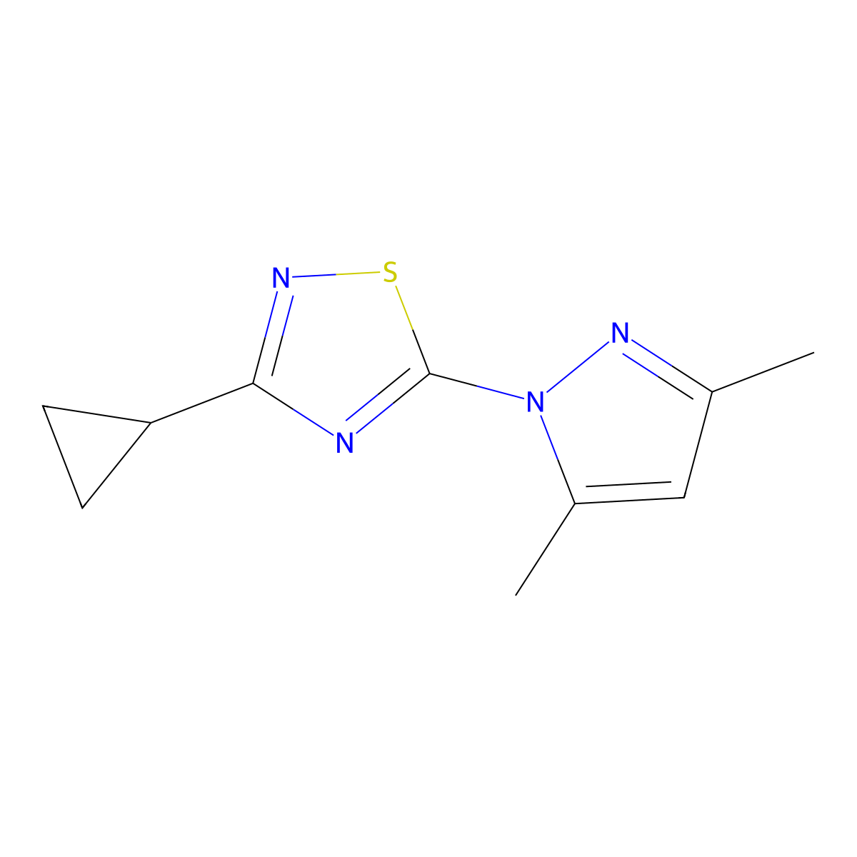 3-cyclopropyl-5-(3,5-dimethyl-1H-pyrazol-1-yl)-1,2,4-thiadiazole molecular structure, CAS 1483280-49-4