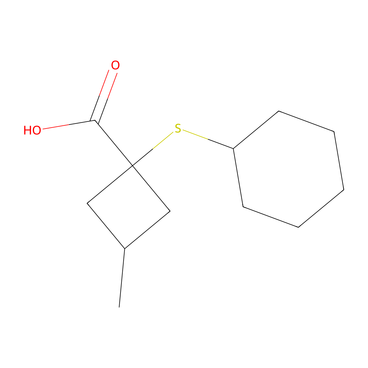 1-(Cyclohexylsulfanyl)-3-methylcyclobutane-1-carboxylic acid molecular structure, CAS 1483878-80-3
