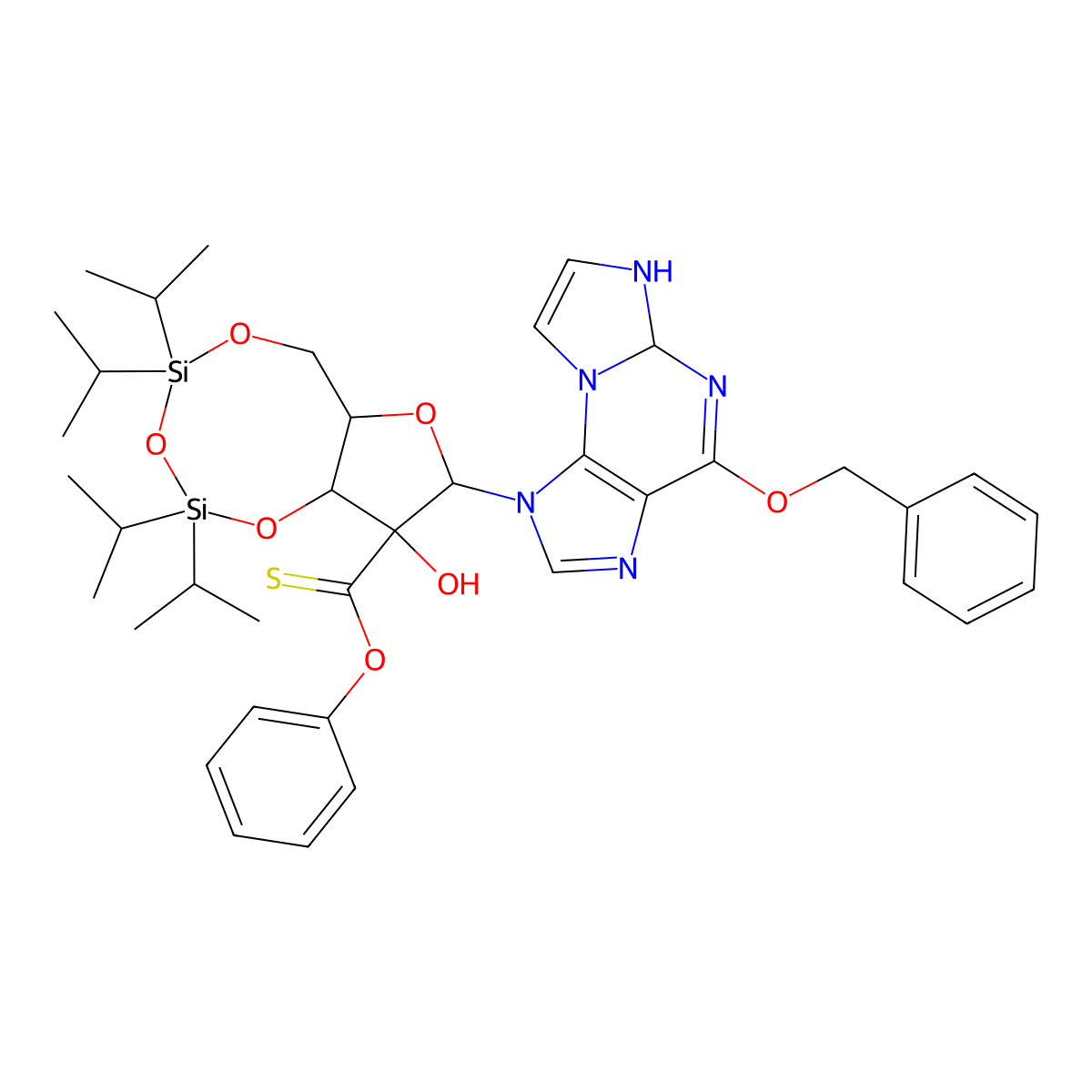 O-phenyl 9-hydroxy-8-(4-phenylmethoxy-5a,6-dihydroimidazo[2,1-b]purin-1-yl)-2,2,4,4-tetra(propan-2-yl)-6,6a,8,9a-tetrahydrofuro[3,2-f][1,3,5,2,4]trioxadisilocine-9-carbothioate molecular structure, CAS 148437-93-8