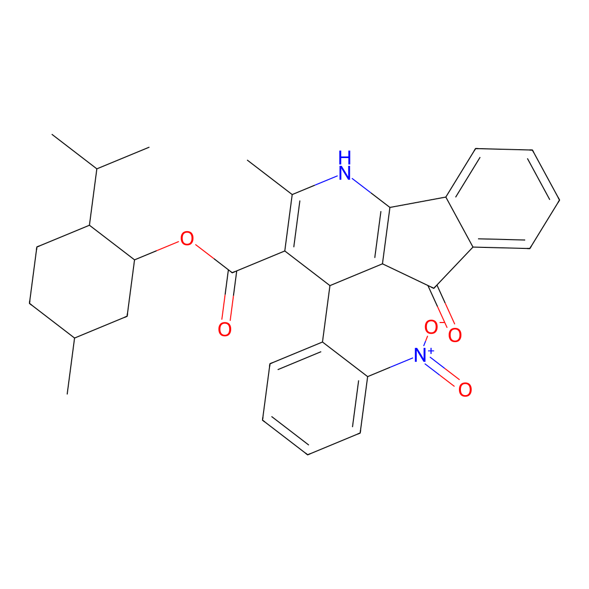 2-isopropyl-5-methylcyclohexyl 4-{2-nitrophenyl}-2-methyl-5-oxo-4,5-dihydro-1H-indeno[1,2-b]pyridine-3-carboxylate molecular structure, CAS 148458-21-3