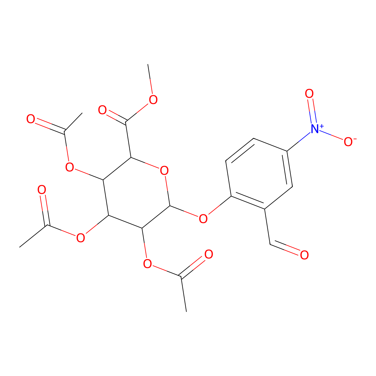 (2S,3R,4S,5S,6S)-2-(2-Formyl-4-nitrophenoxy)-6-(methoxycarbonyl)tetrahydro-2H-pyran-3,4,5-triyl triacetate molecular structure, CAS 148579-83-3