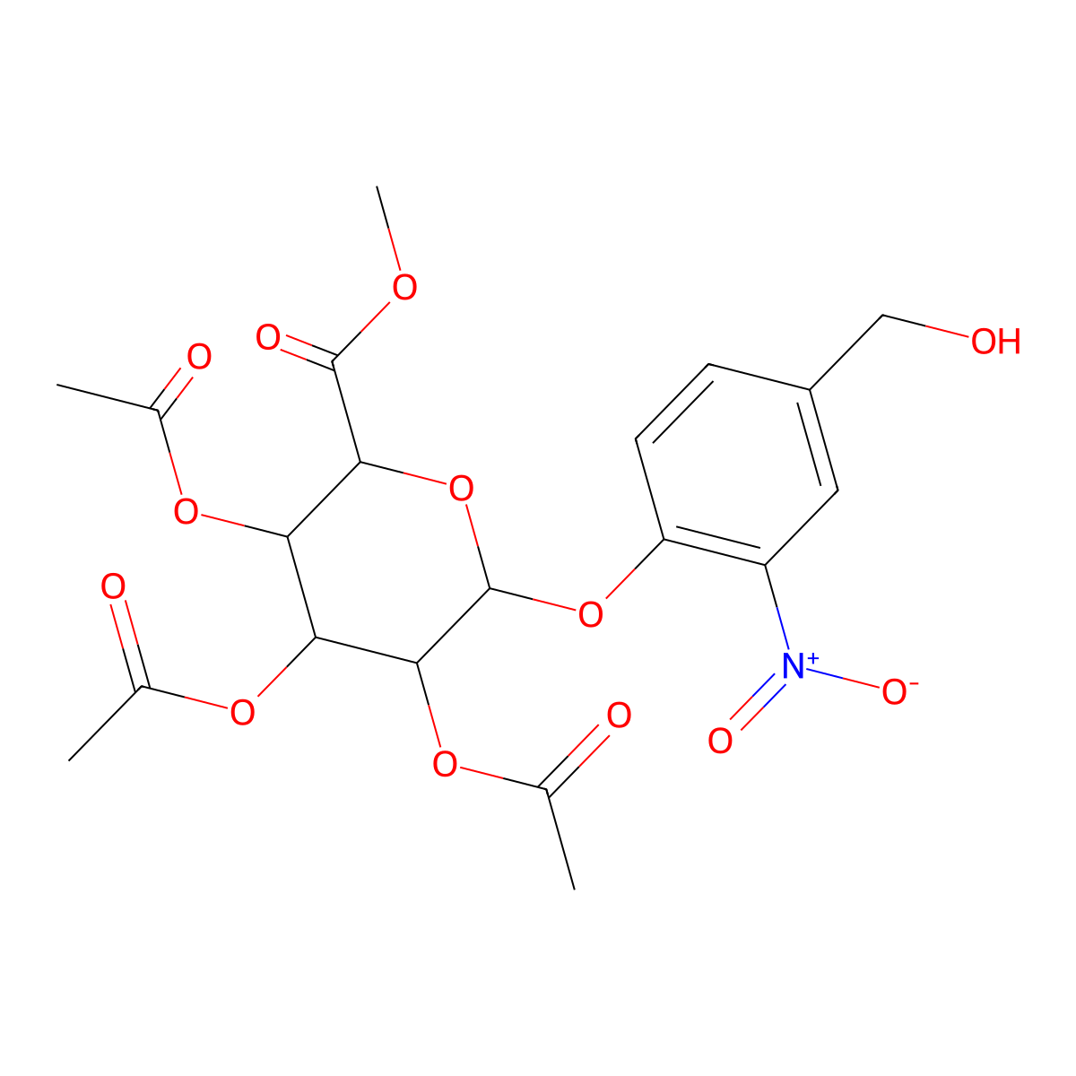(2S,3R,4S,5S,6S)-2-(4-(Hydroxymethyl)-2-nitrophenoxy)-6-(methoxycarbonyl)tetrahydro-2H-pyran-3,4,5-triyl triacetate molecular structure, CAS 148579-94-6