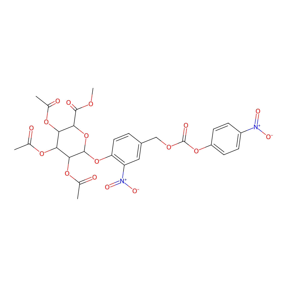 (2S,3S,4S,5R,6S)-2-(Methoxycarbonyl)-6-(2-nitro-4-((((4-nitrophenoxy)carbonyl)oxy)methyl)phenoxy)tetrahydro-2H-pyran-3,4,5-triyl triacetate molecular structure, CAS 148580-01-2